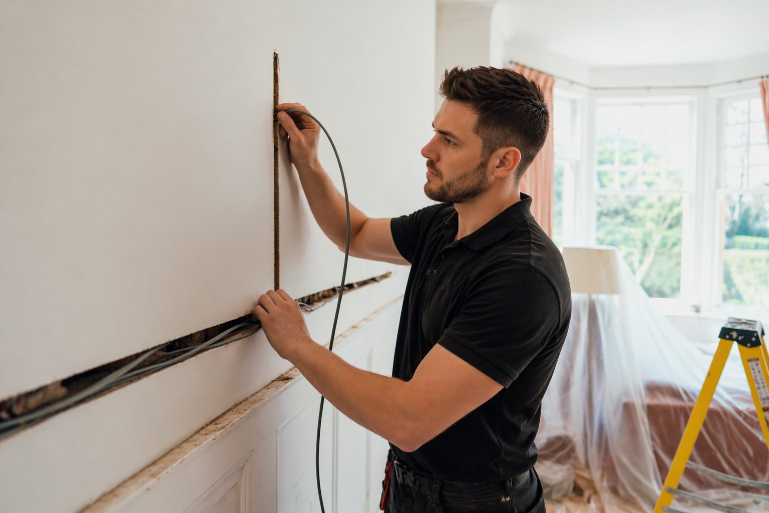 Damaged cable exposed under floorboards during building work