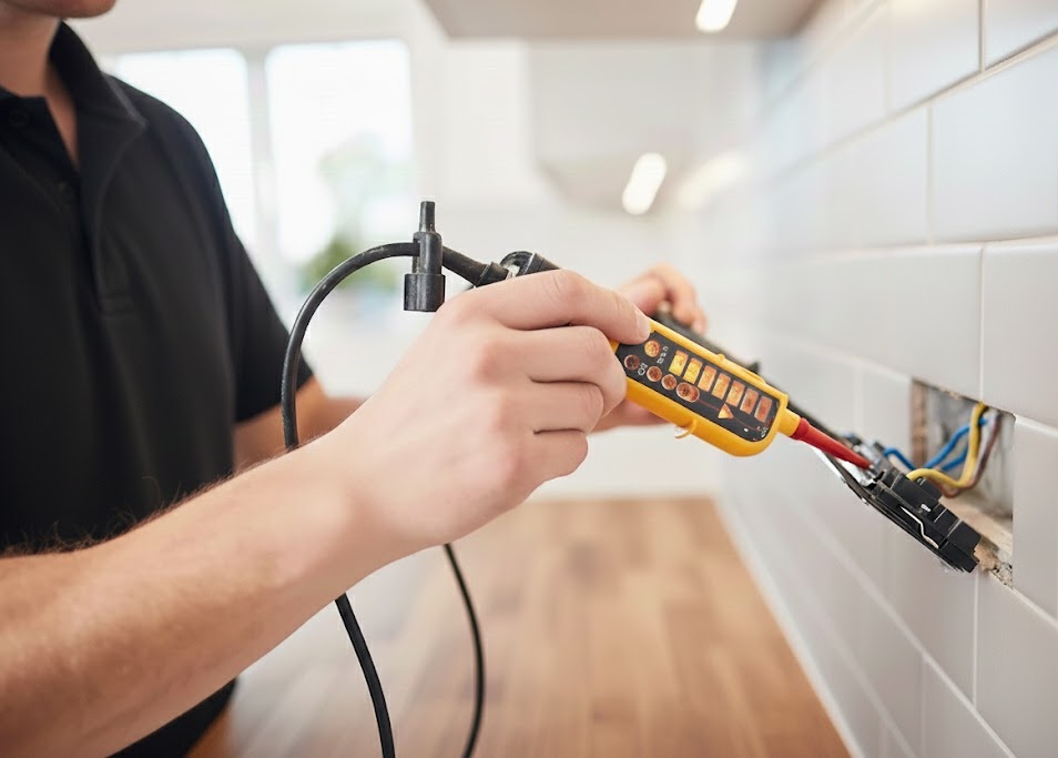 Electrician inspecting a consumer unit by head torch during a power cut