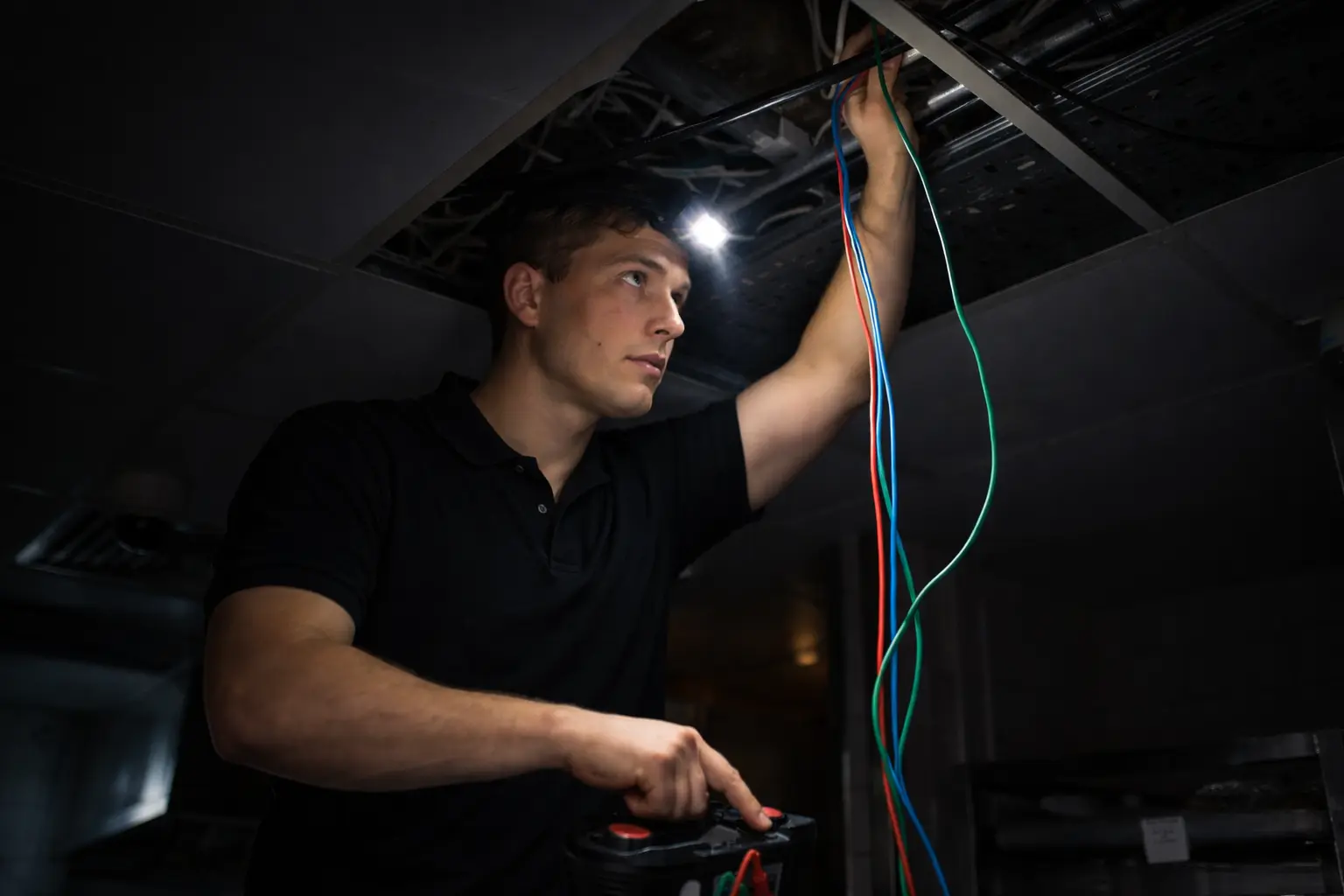 Electrician inspecting a consumer unit by head torch during a power cut