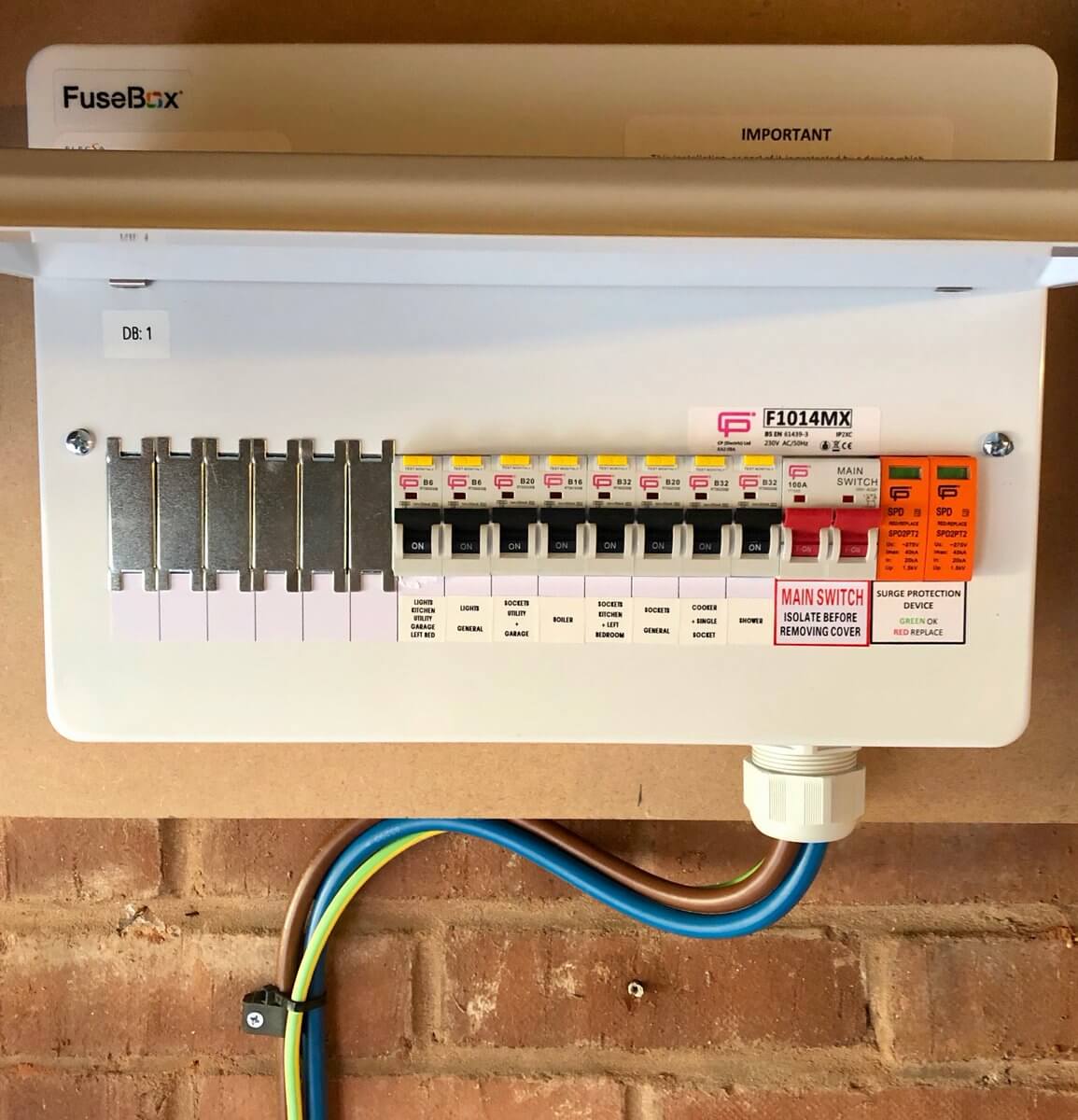 Meter tails and earth cable running into a consumer unit on a brick wall