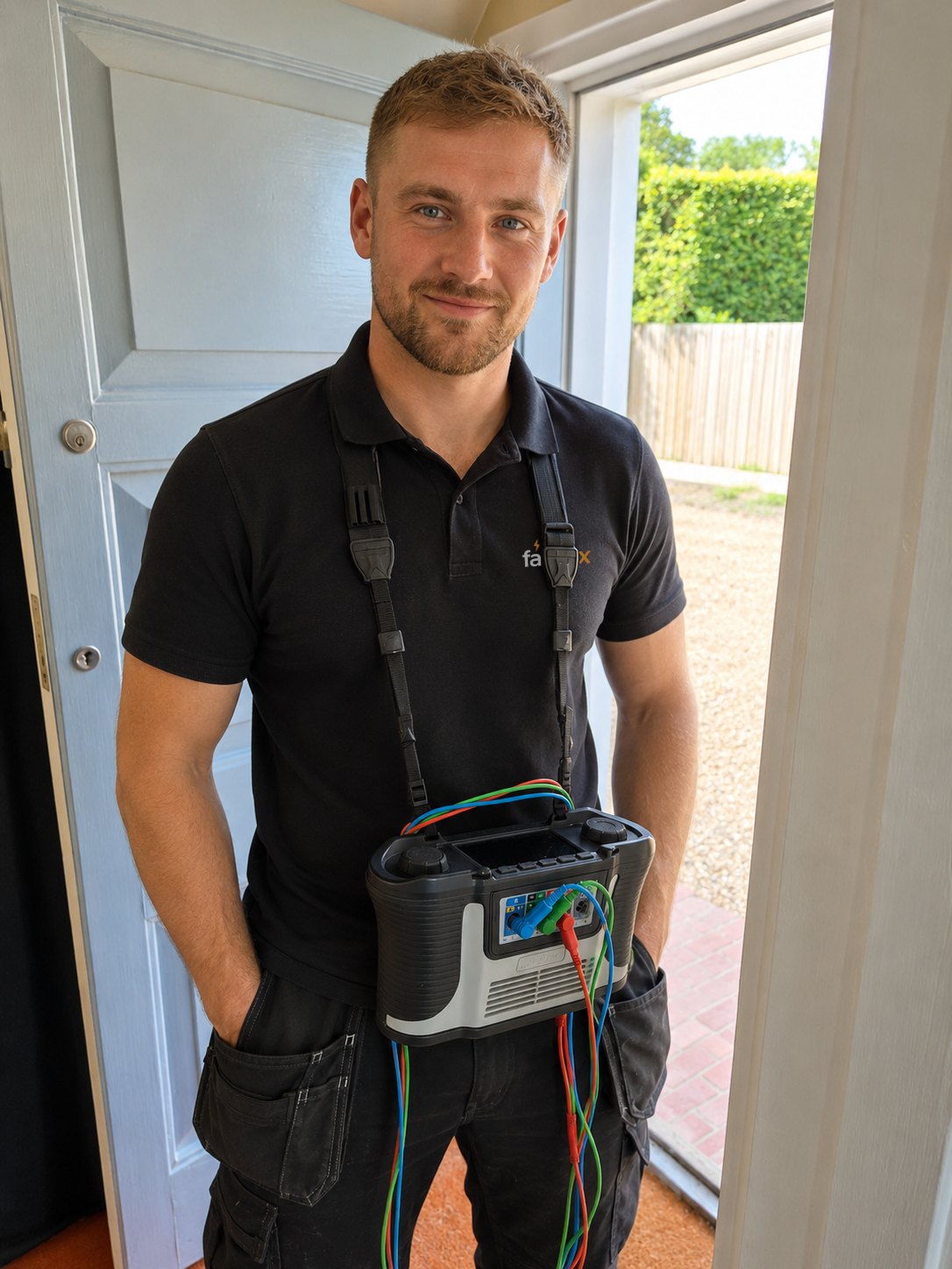 Electrician unpacking test leads in a kitchen