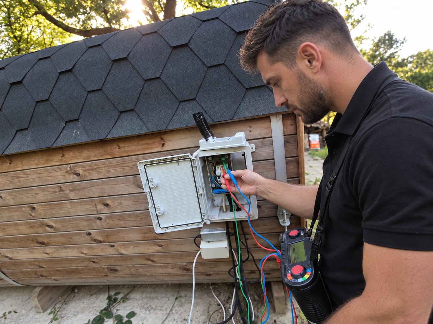 Fast Fix electrician working on an outdoor meter cabinet and switchgear