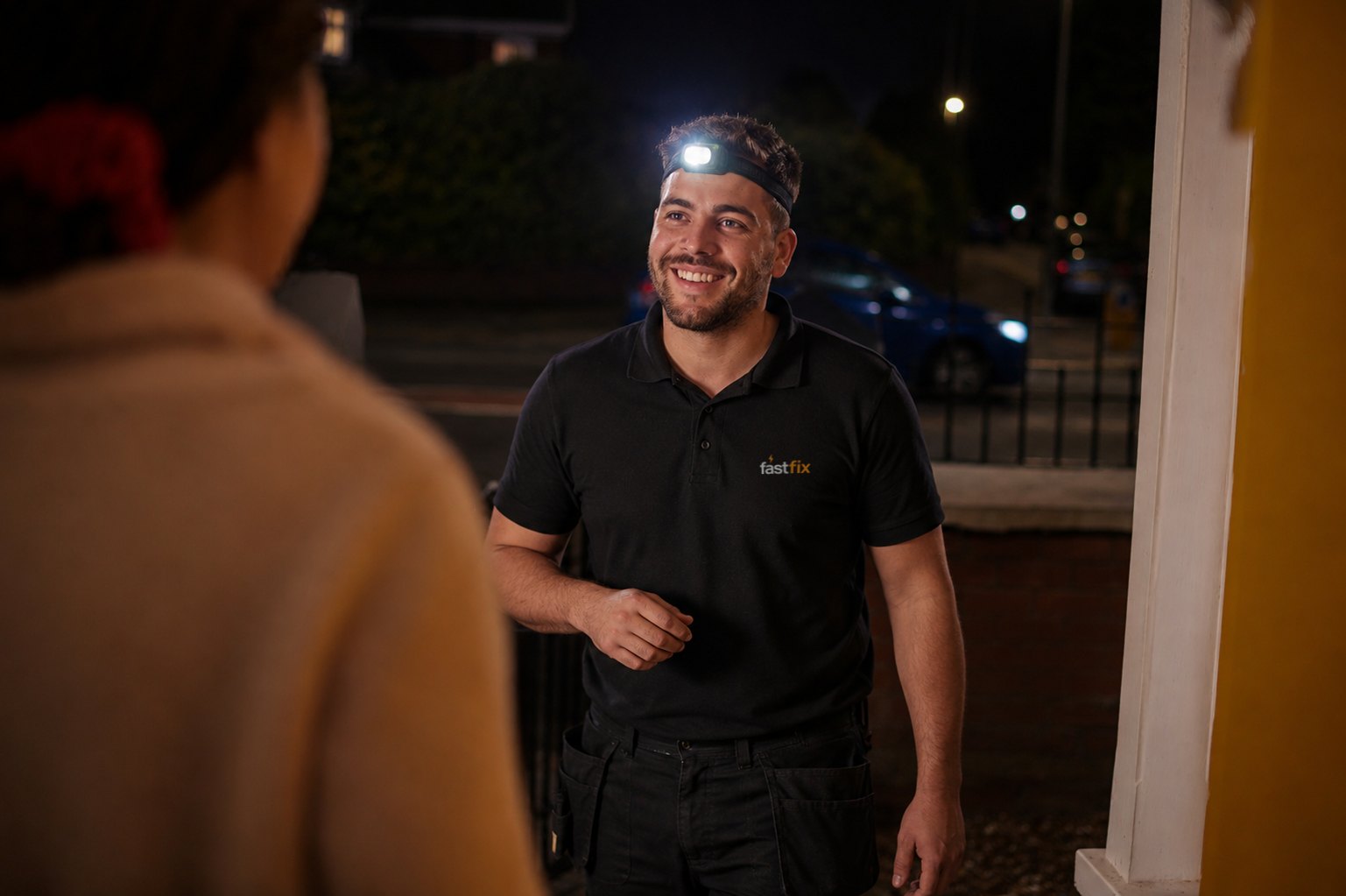 Electrician arriving at a customer's door after dark