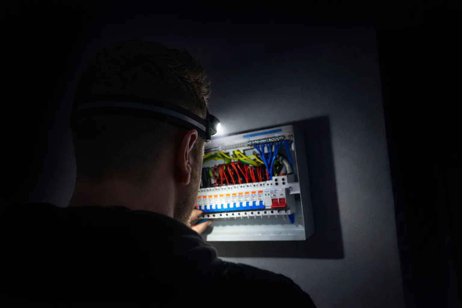 Electrician working on a consumer unit by head torch
